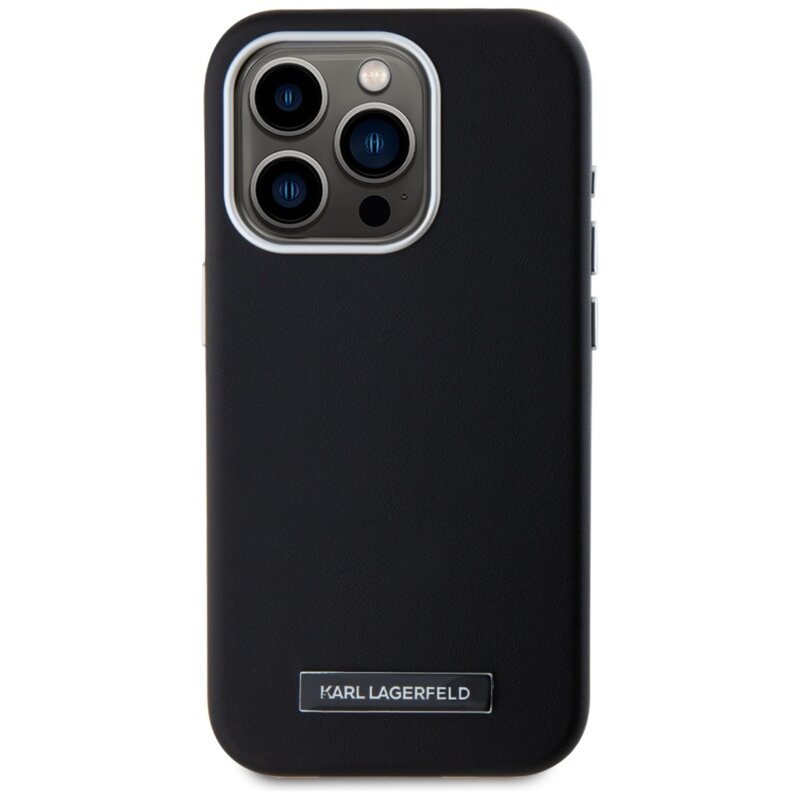 Husa iPhone 15 Pro Max Karl Lagerfeld Leather MagSafe, FW Metal Plate, negru, KLHMP15XPGMSRPK