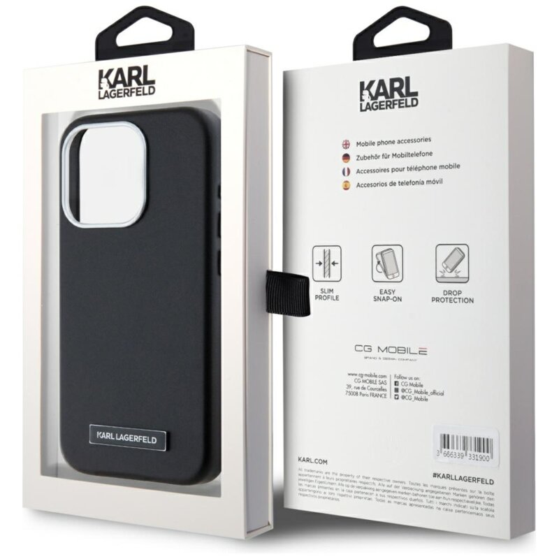 Husa iPhone 15 Pro Max Karl Lagerfeld Leather MagSafe, FW Metal Plate, negru, KLHMP15XPGMSRPK