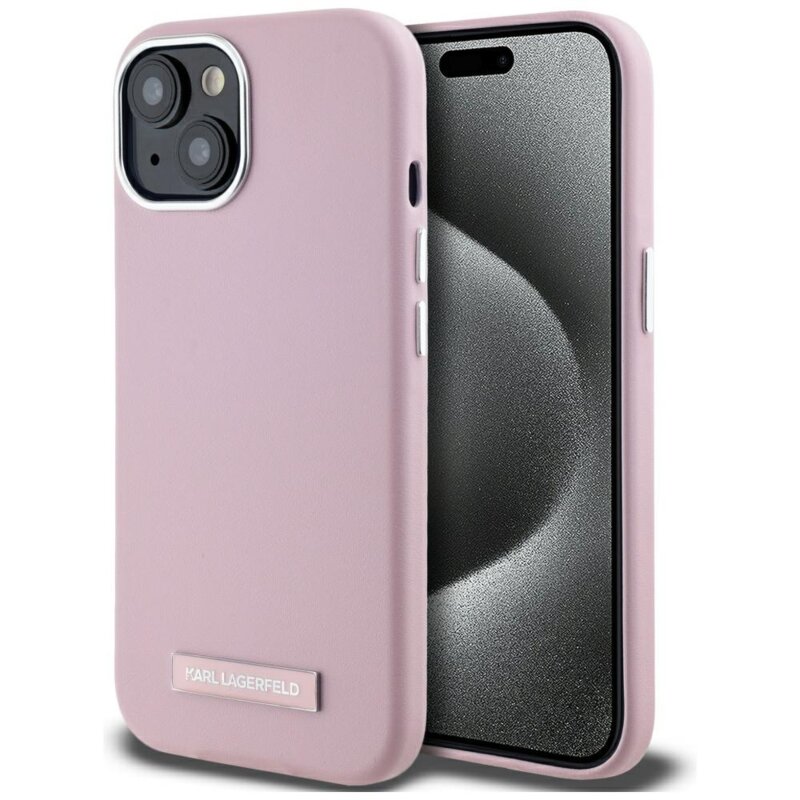 Husa iPhone 15 Karl Lagerfeld Leather MagSafe, FW Metal Plate, roz, KLHMP15SPGMSRPP