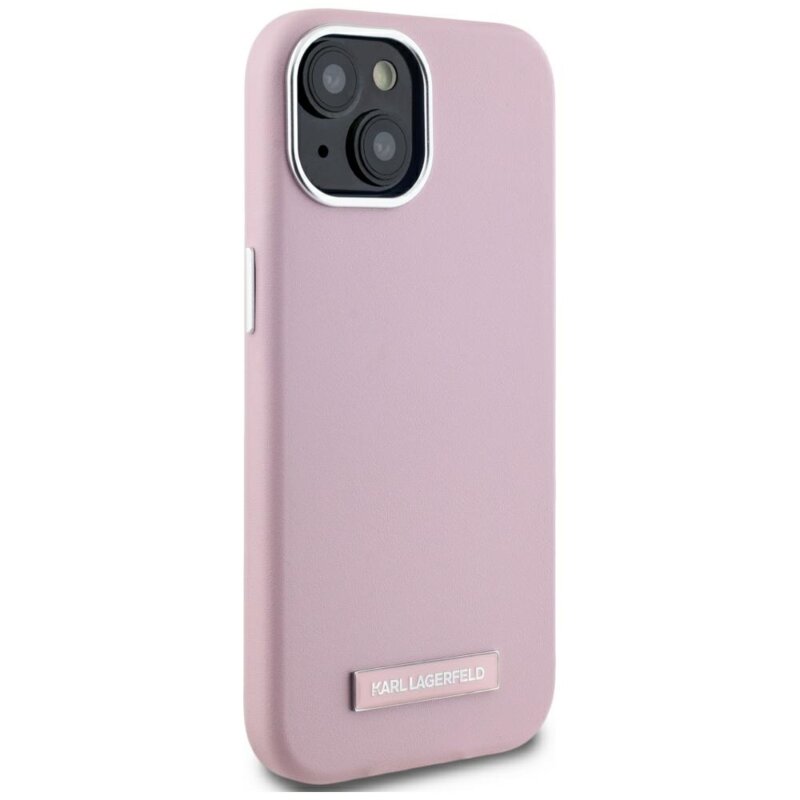 Husa iPhone 15 Karl Lagerfeld Leather MagSafe, FW Metal Plate, roz, KLHMP15SPGMSRPP