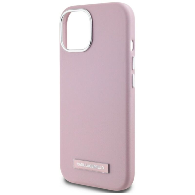 Husa iPhone 15 Karl Lagerfeld Leather MagSafe, FW Metal Plate, roz, KLHMP15SPGMSRPP