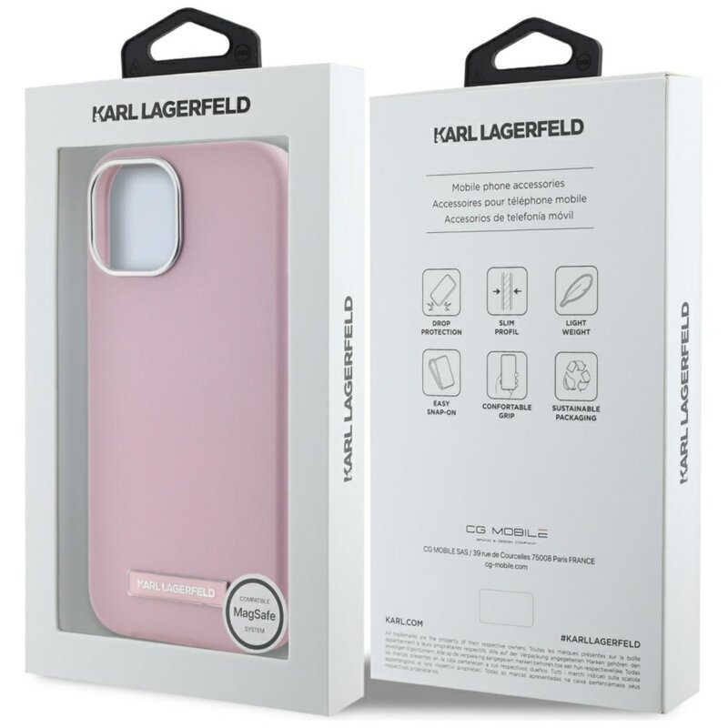 Husa iPhone 15 Karl Lagerfeld Leather MagSafe, FW Metal Plate, roz, KLHMP15SPGMSRPP
