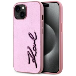 Husa iPhone 15 Karl Lagerfeld Hardcase Leather, Metal Signature, roz, KLHCP15SPFMFBKMP