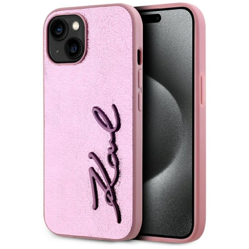 Husa iPhone 15 Karl Lagerfeld Hardcase Leather, Metal Signature, roz, KLHCP15SPFMFBKMP