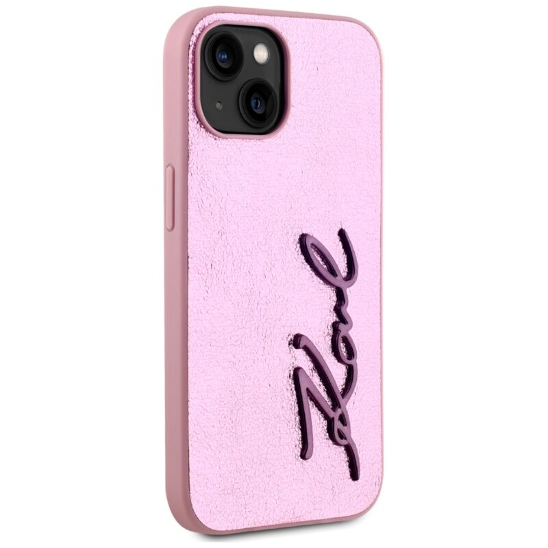 Husa iPhone 15 Karl Lagerfeld Hardcase Leather, Metal Signature, roz, KLHCP15SPFMFBKMP