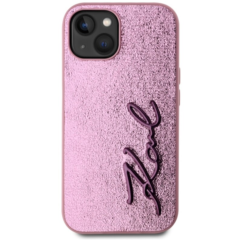 Husa iPhone 15 Karl Lagerfeld Hardcase Leather, Metal Signature, roz, KLHCP15SPFMFBKMP