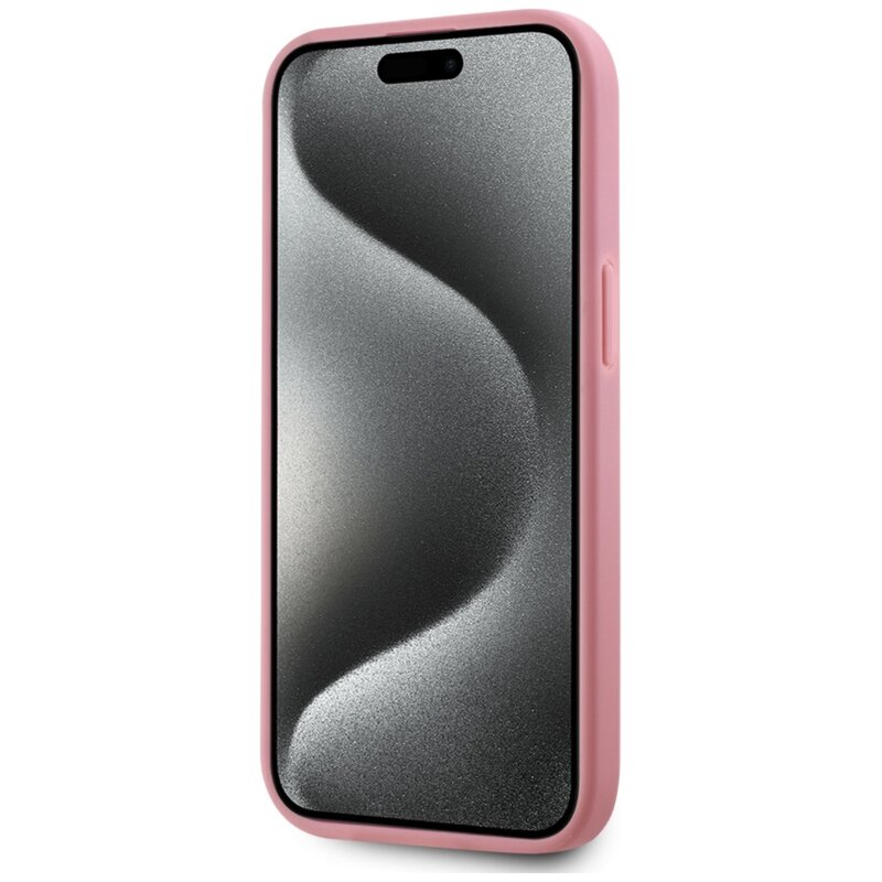 Husa iPhone 15 Karl Lagerfeld Hardcase Leather, Metal Signature, roz, KLHCP15SPFMFBKMP