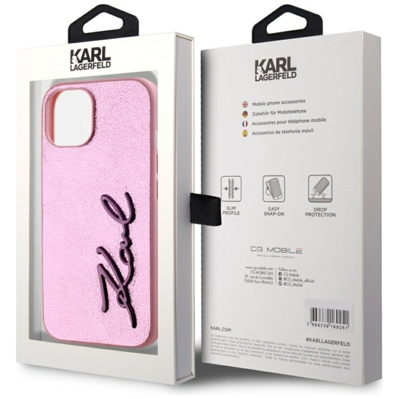 Husa iPhone 15 Karl Lagerfeld Hardcase Leather, Metal Signature, roz, KLHCP15SPFMFBKMP
