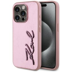 Husa iPhone 15 Pro Max Karl Lagerfeld Hardcase Leather, Metal Signature, roz, KLHCP15XPFMFBKMP