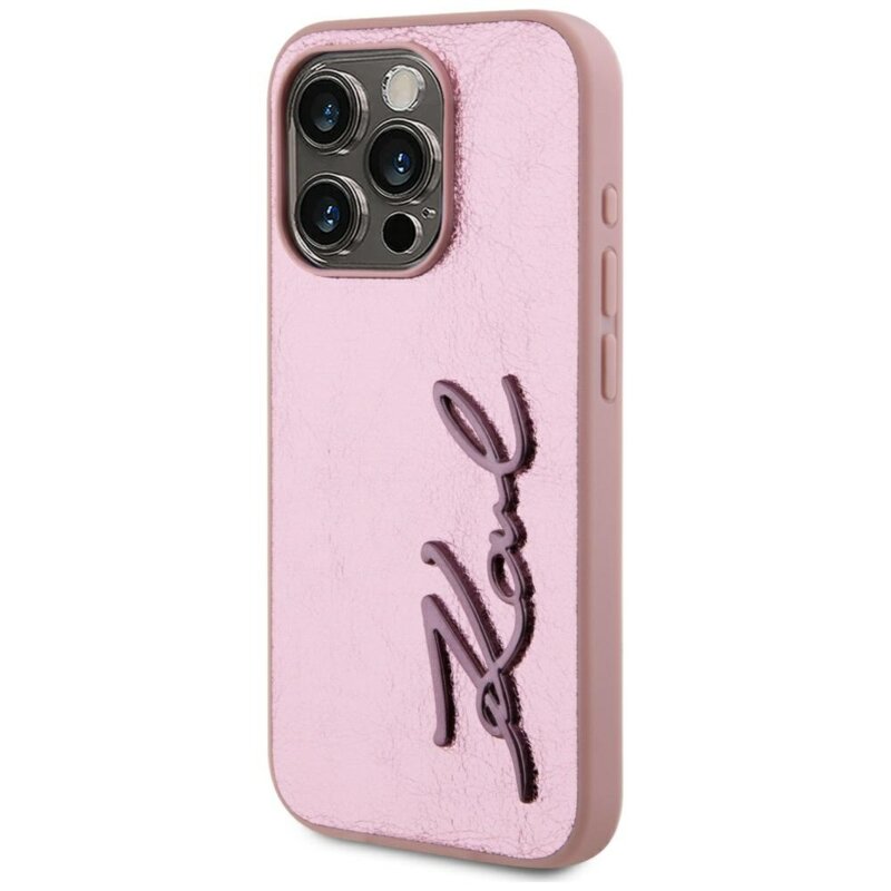 Husa iPhone 15 Pro Max Karl Lagerfeld Hardcase Leather, Metal Signature, roz, KLHCP15XPFMFBKMP