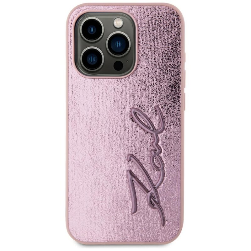 Husa iPhone 15 Pro Max Karl Lagerfeld Hardcase Leather, Metal Signature, roz, KLHCP15XPFMFBKMP