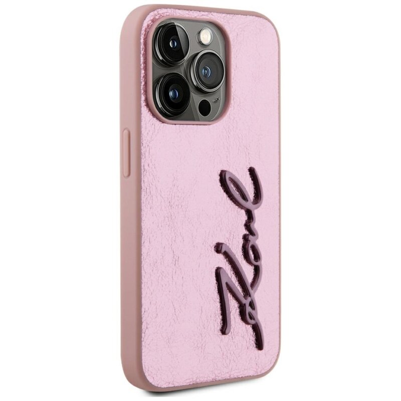 Husa iPhone 15 Pro Max Karl Lagerfeld Hardcase Leather, Metal Signature, roz, KLHCP15XPFMFBKMP