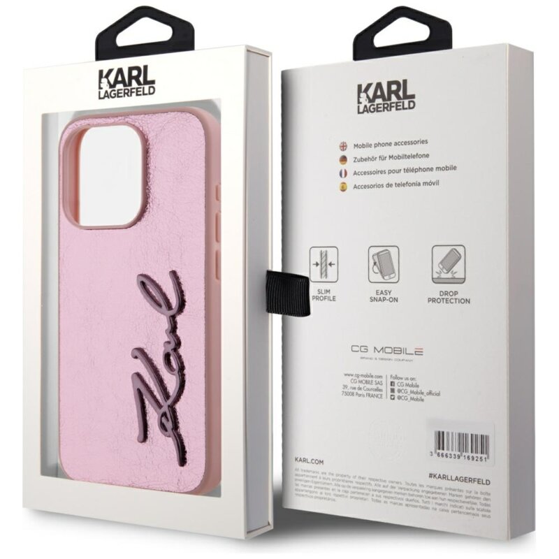 Husa iPhone 15 Pro Max Karl Lagerfeld Hardcase Leather, Metal Signature, roz, KLHCP15XPFMFBKMP