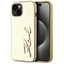 Husa iPhone 15 Karl Lagerfeld Hardcase Leather, Metal Signature, auriu, KLHCP15SPFMFBKMD