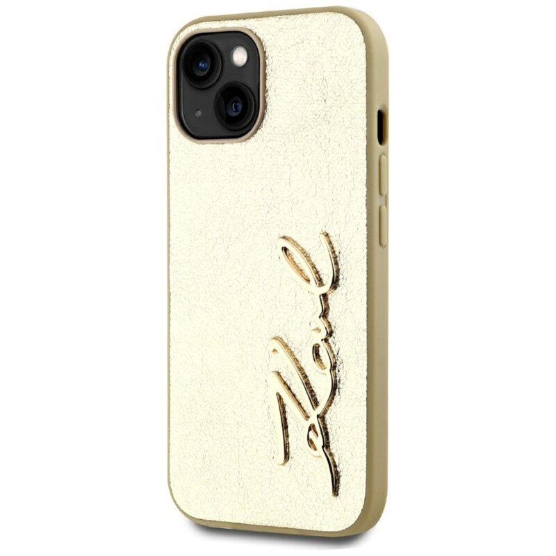 Husa iPhone 15 Karl Lagerfeld Hardcase Leather, Metal Signature, auriu, KLHCP15SPFMFBKMD