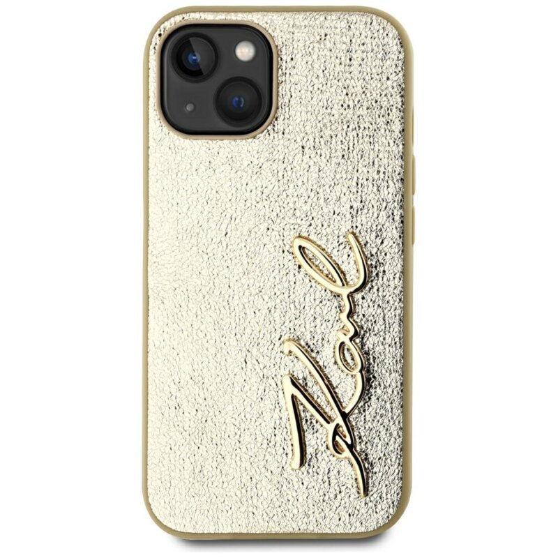 Husa iPhone 15 Karl Lagerfeld Hardcase Leather, Metal Signature, auriu, KLHCP15SPFMFBKMD