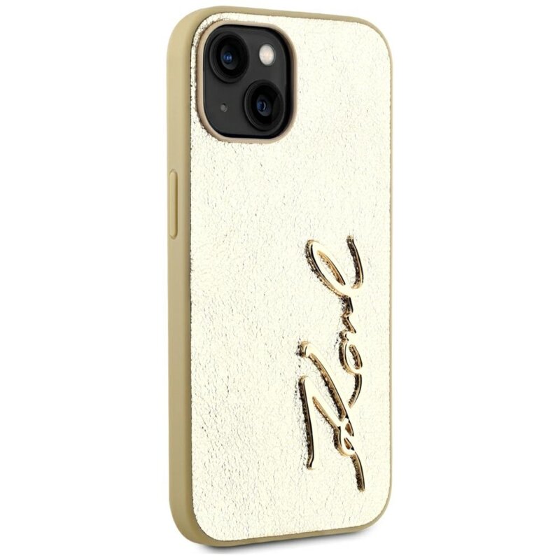 Husa iPhone 15 Karl Lagerfeld Hardcase Leather, Metal Signature, auriu, KLHCP15SPFMFBKMD