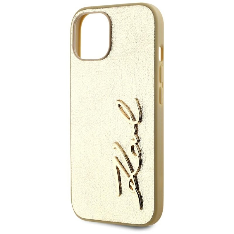 Husa iPhone 15 Karl Lagerfeld Hardcase Leather, Metal Signature, auriu, KLHCP15SPFMFBKMD