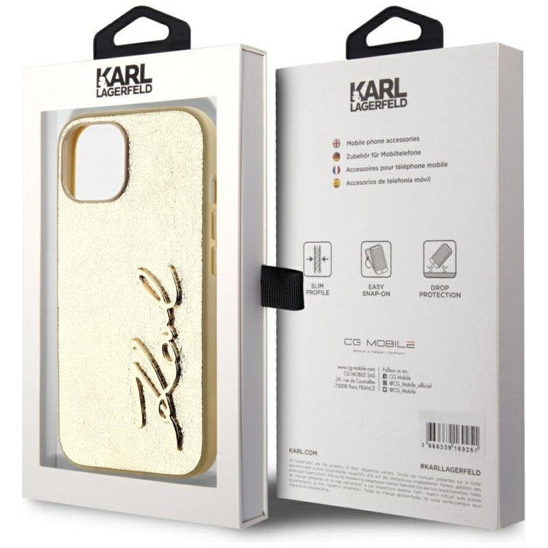 Husa iPhone 15 Karl Lagerfeld Hardcase Leather, Metal Signature, auriu, KLHCP15SPFMFBKMD