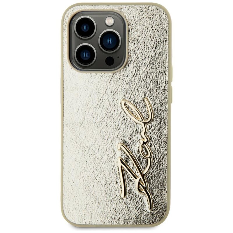 Husa iPhone 15 Pro Karl Lagerfeld Hardcase Leather, Metal Signature, auriu, KLHCP15LPFMFBKMD