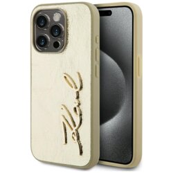 Husa iPhone 15 Pro Max Karl Lagerfeld Hardcase Leather, Metal Signature, auriu, KLHCP15XPFMFBKMD
