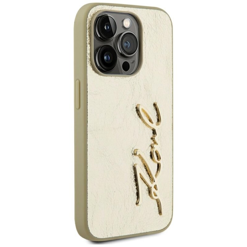Husa iPhone 15 Pro Max Karl Lagerfeld Hardcase Leather, Metal Signature, auriu, KLHCP15XPFMFBKMD