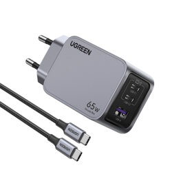 Incarcator USB, 2x Type-C Fast Charge + cablu Type-C Ugreen, 65W, gri, 25871
