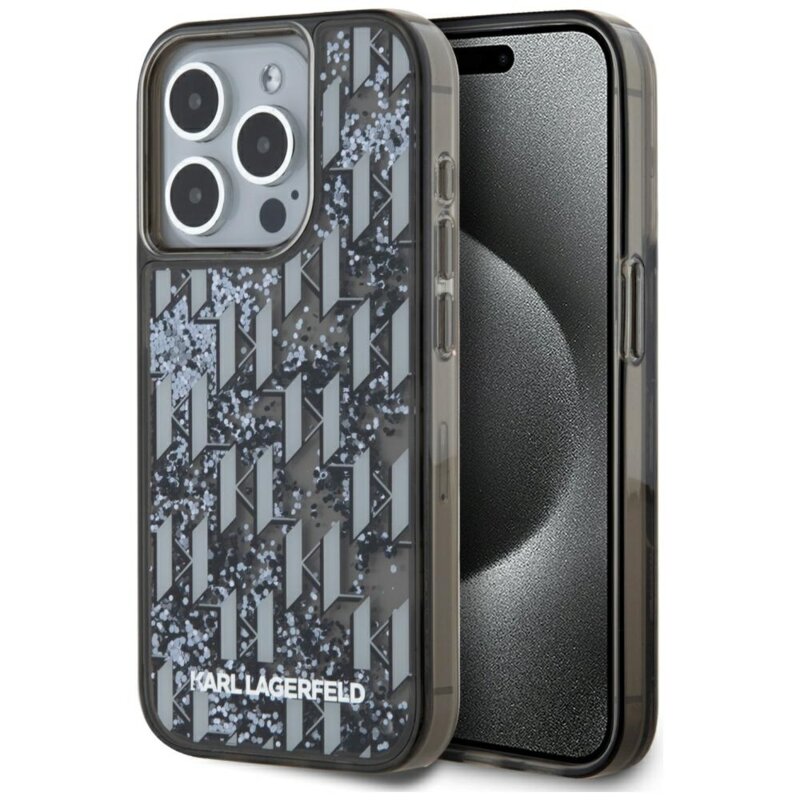 Husa Karl Lagerfeld iPhone 15 Pro Hardcase Liquid Glitter, Monogram, negru, KLHCP15LLKLGKCCK