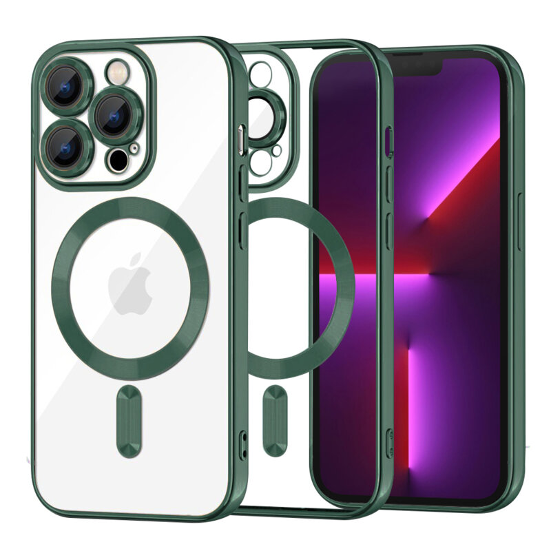 Husa premium iPhone 13 Pro Techsuit Luxury Crystal MagSafe, verde inchis