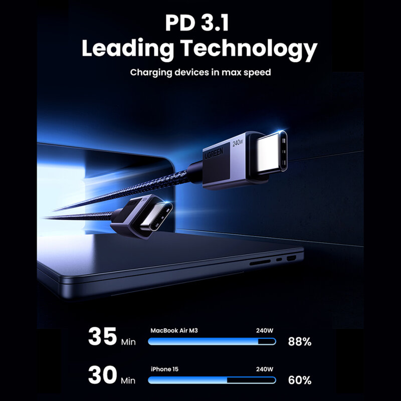 Cablu de date Type-C Ultra Fast Charge 240W, 1m Ugreen, gri, 45067