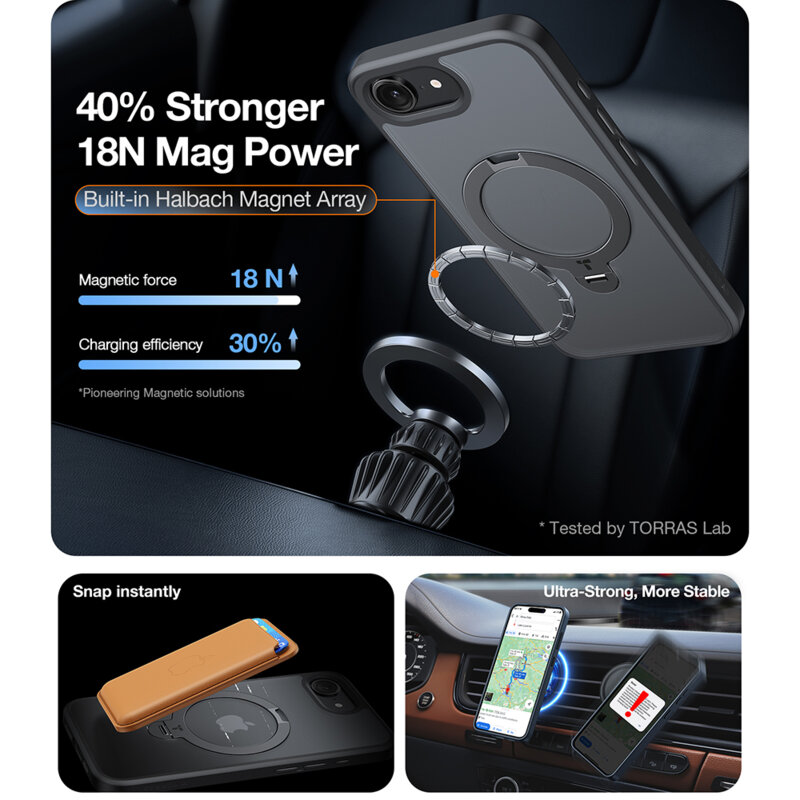 Husa iPhone 16e Torras Ostand Spin MagSafe Series, negru