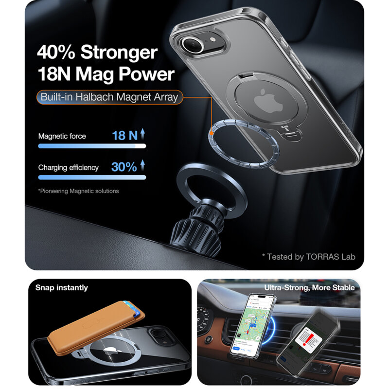 Husa iPhone 16e Torras Ostand Spin MagSafe Series, transparenta
