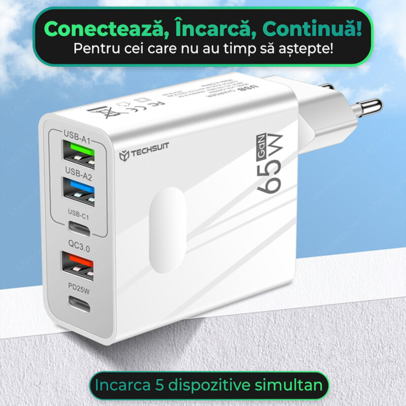 Incarcator priza GaN Fast Charge 65W + cablu tip C Techsuit, alb, CHC1