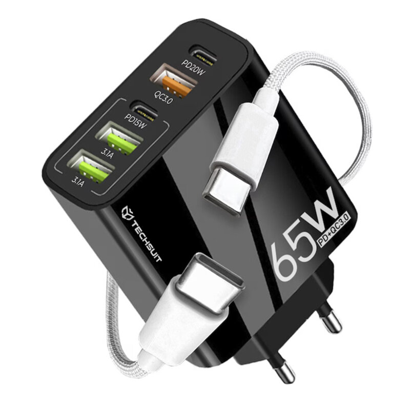 Incarcator retea USB Quick Charge 65W + cablu tip C Techsuit, negru, CHC2