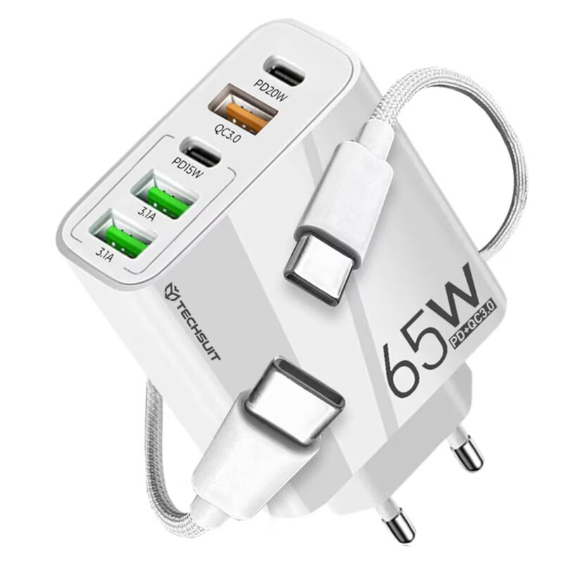Incarcator retea USB Quick Charge 65W + cablu tip C Techsuit, alb, CHC2