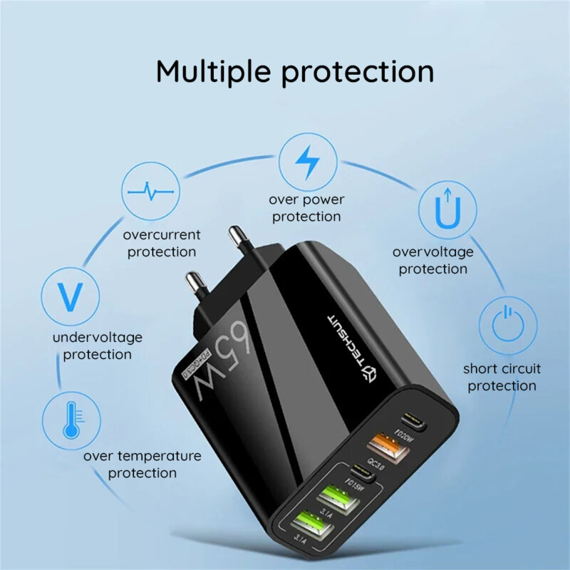 Incarcator retea USB Quick Charge 65W + cablu tip C Techsuit, alb, CHC2