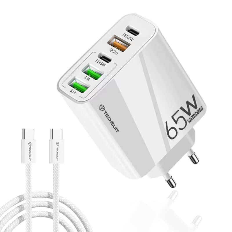 Incarcator retea USB Quick Charge 65W + cablu tip C Techsuit, alb, CHC2