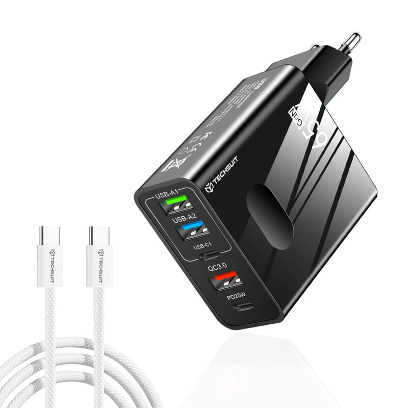 Incarcator priza GaN Fast Charge 65W + cablu tip C Techsuit, negru, CHC1