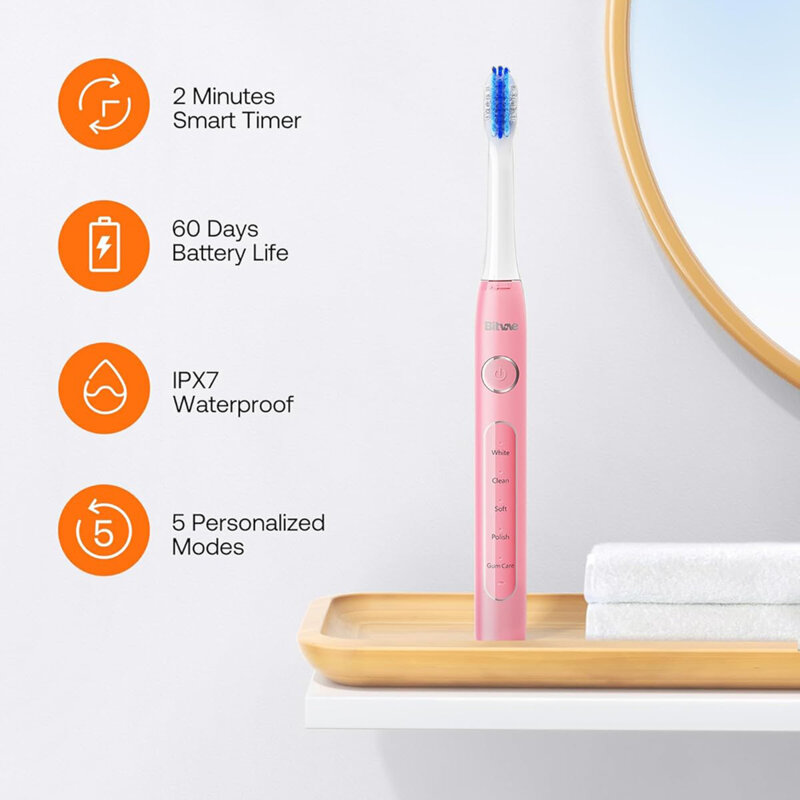 Periuta de dinti electrica sonica cu 8 capete Bitvae D2, roz