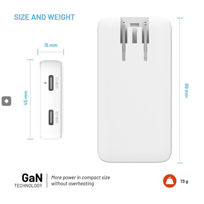 Incarcator GaN PD3.0 Type-C Fixed, slim, 45W, FIXCG45S-2CD-WH