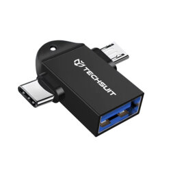 Adaptor OTG 3in1, USB la Micro-USB + Type-C Techsuit A16, negru