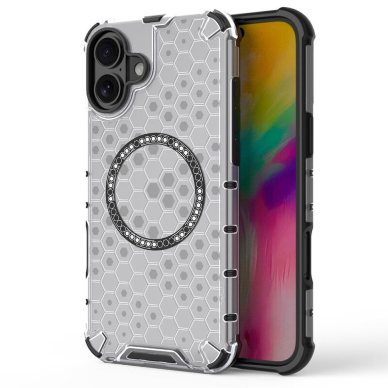 Husa transparenta iPhone 16 Techsuit HoneyComb Shield MagSafe, alb