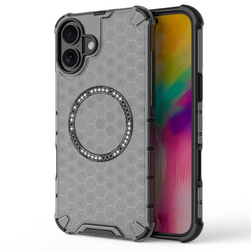 Husa transparenta iPhone 16 Techsuit HoneyComb Shield MagSafe, negru