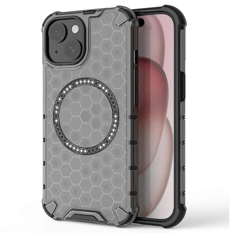 Husa transparenta iPhone 15 Techsuit HoneyComb Shield MagSafe, negru