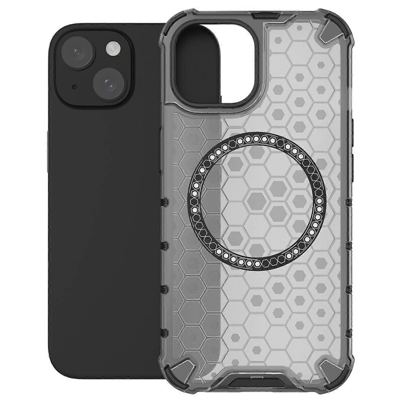 Husa transparenta iPhone 15 Techsuit HoneyComb Shield MagSafe, negru