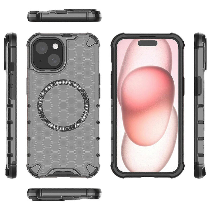 Husa transparenta iPhone 15 Techsuit HoneyComb Shield MagSafe, negru