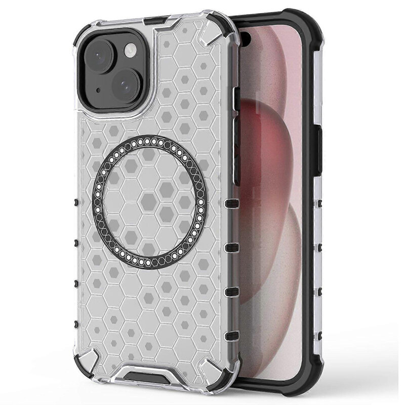 Husa transparenta iPhone 15 Techsuit HoneyComb Shield MagSafe, alb