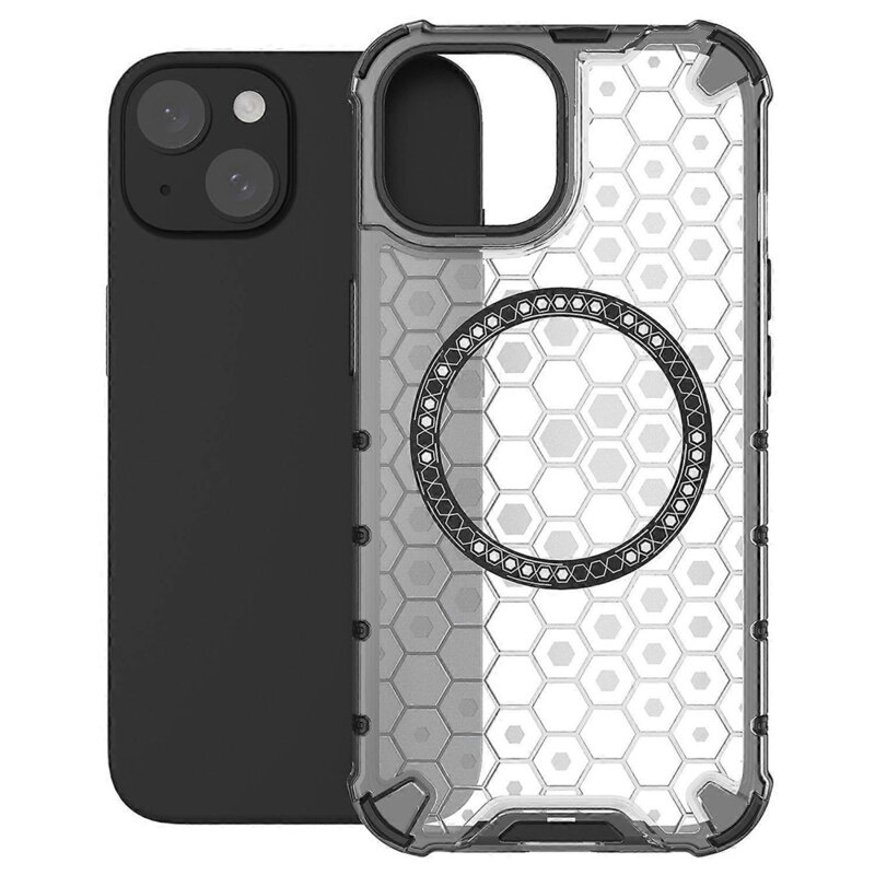 Husa transparenta iPhone 15 Techsuit HoneyComb Shield MagSafe, alb