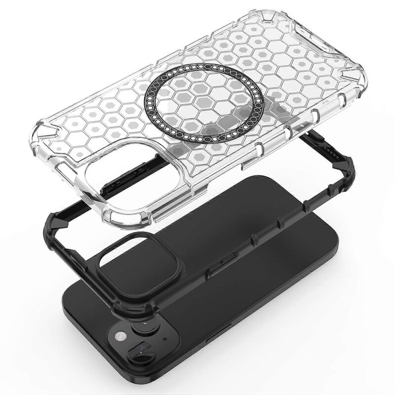 Husa transparenta iPhone 15 Techsuit HoneyComb Shield MagSafe, alb