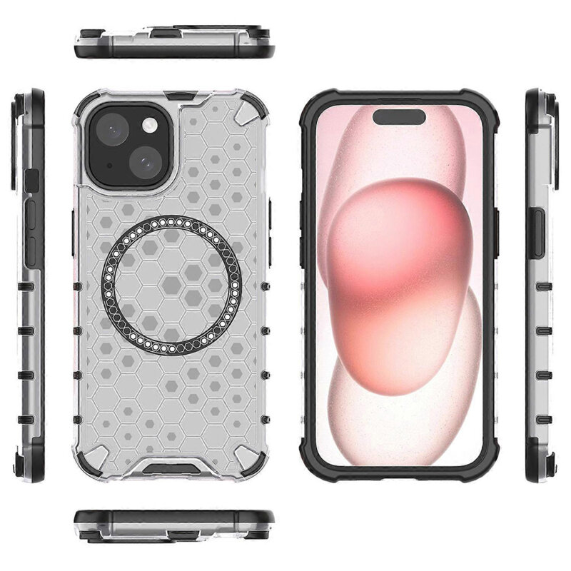 Husa transparenta iPhone 15 Techsuit HoneyComb Shield MagSafe, alb